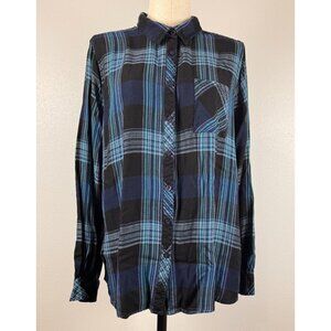ALC At Last Woman Blue Black Plaid Button Up Shirt Long Sleeve Lightweight L?